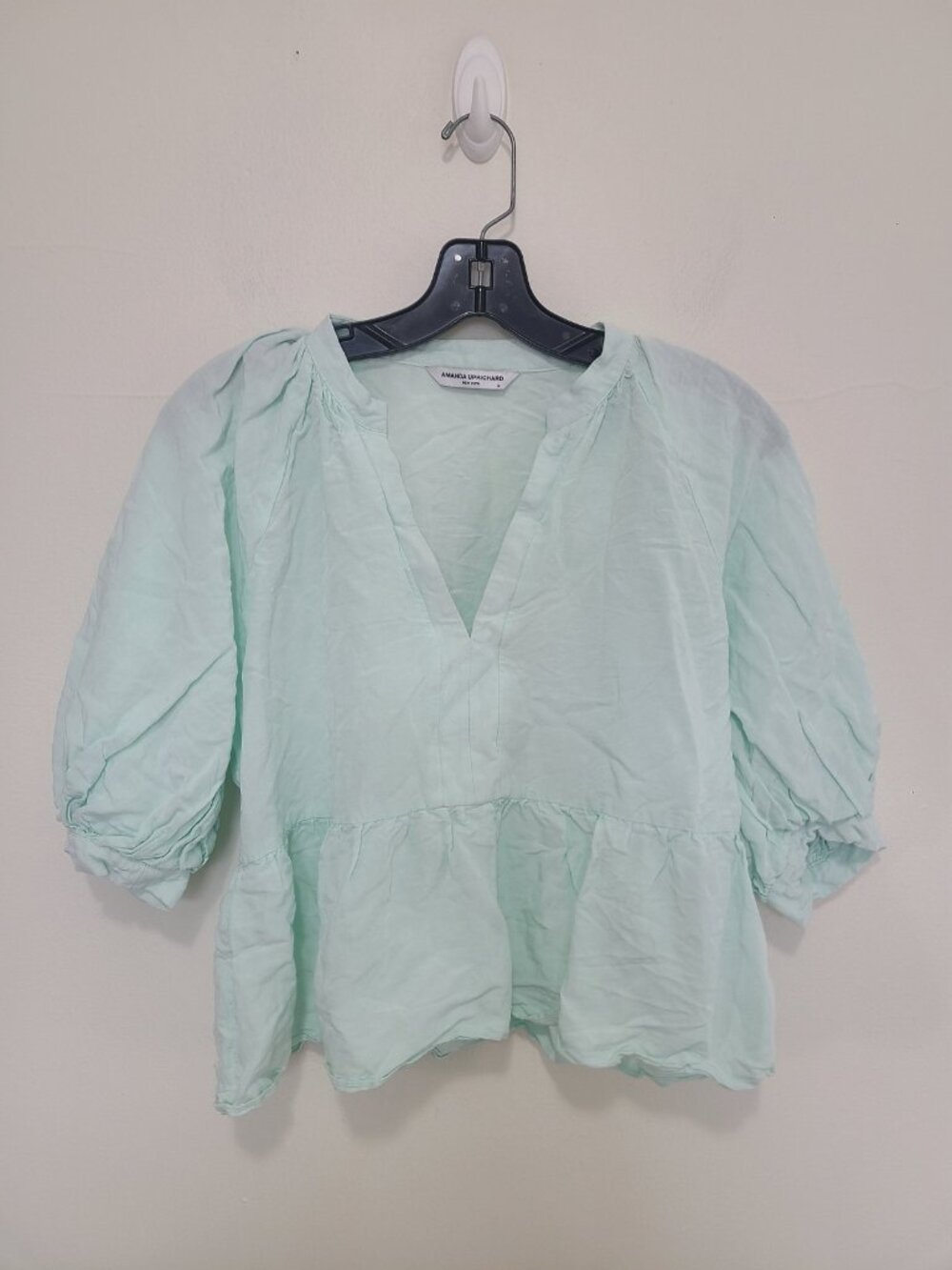 Amanda Uprichard Diego Light Blue Linen Puff Sleeve Split Neck Top Size M